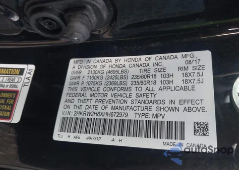 2017 Honda Cr-V Exl from USA, damaged, VIN 2HKRW2H8XHH672979
